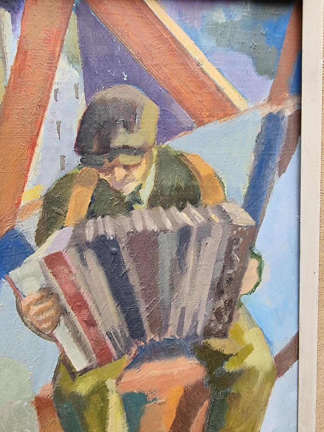 Artwork by Anne Bulitis, The Accordionist, Made of oil on board