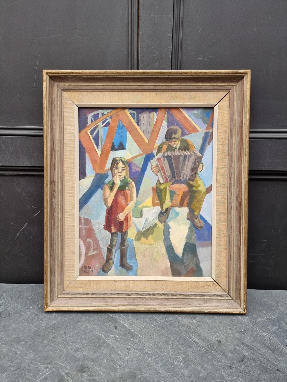 Artwork by Anne Bulitis, The Accordionist, Made of oil on board