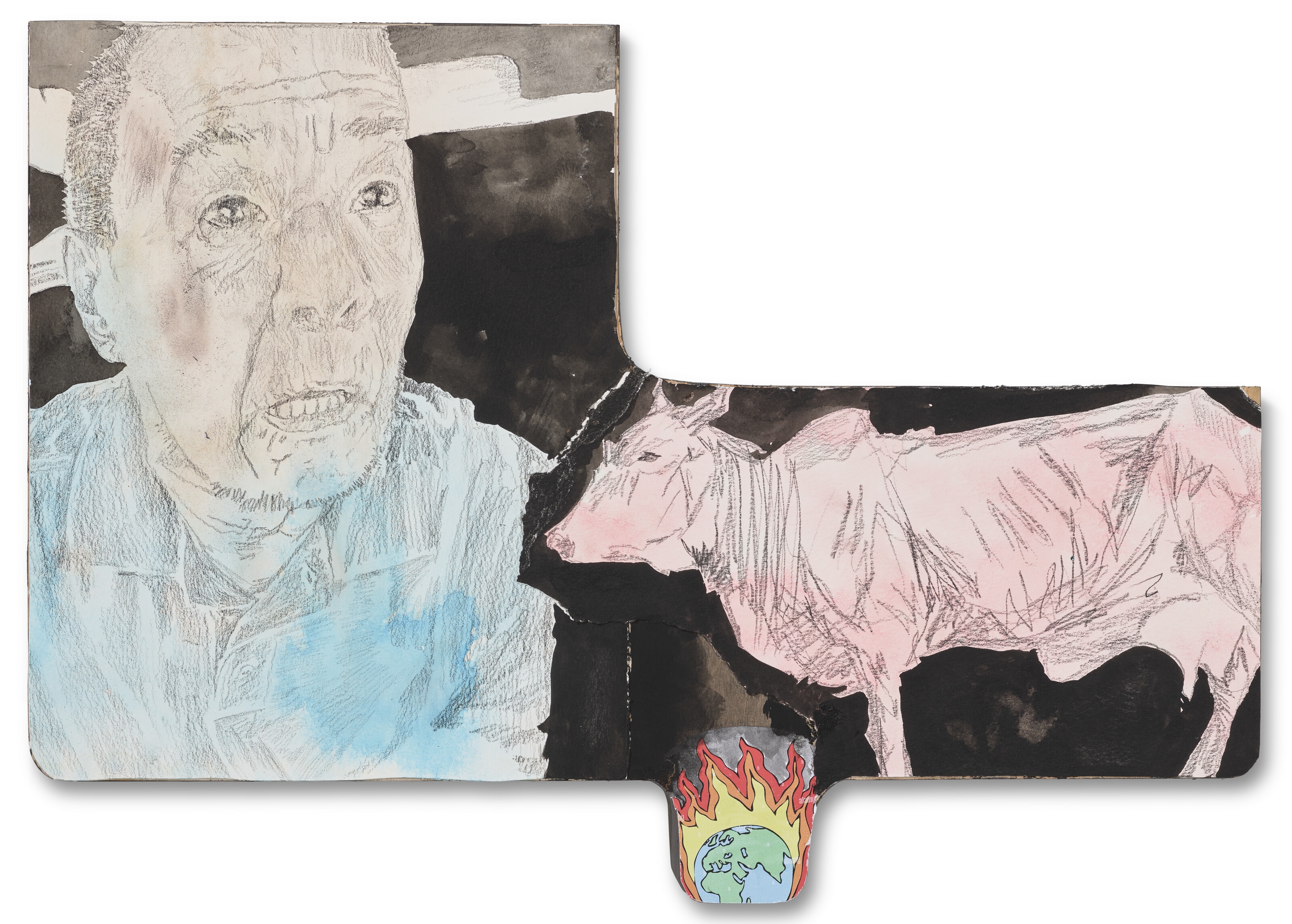 Artwork by Vivek Sebastian, Doomsayer and his Portents, Made of acrylic, collage, and watercolor on panel