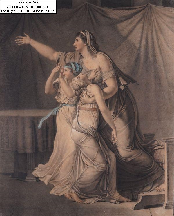 Artwork by Jacques-Louis David, The Lictors Bring to Brutus the Bodies of His Son, Made of coloured engraving