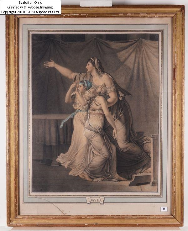 Artwork by Jacques-Louis David, The Lictors Bring to Brutus the Bodies of His Son, Made of coloured engraving