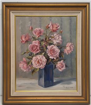 Pink roses in a blue vase - Margaret Lang