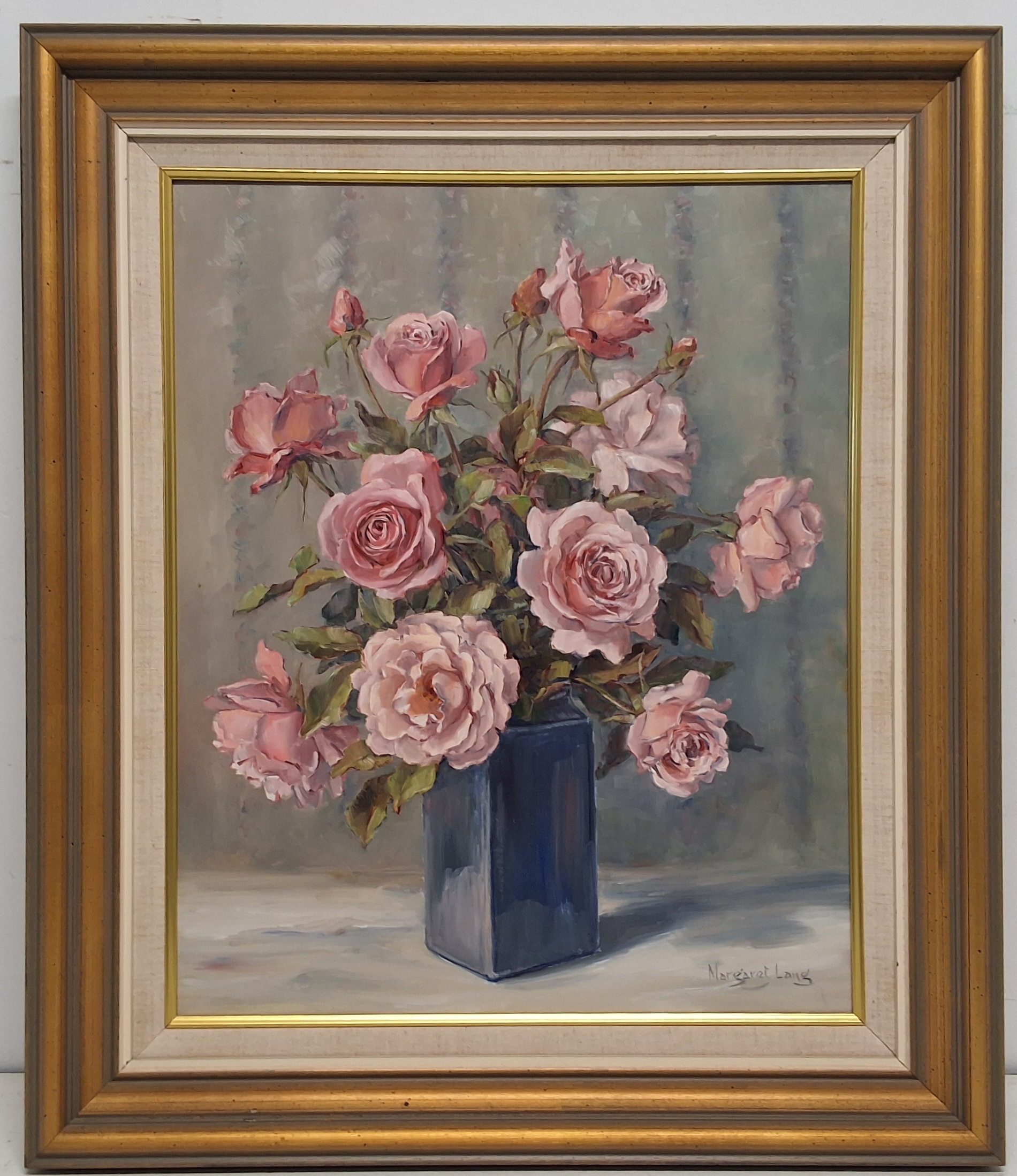 Artwork by Margaret Lang, Pink roses in a blue vase, Made of Oil on canvas