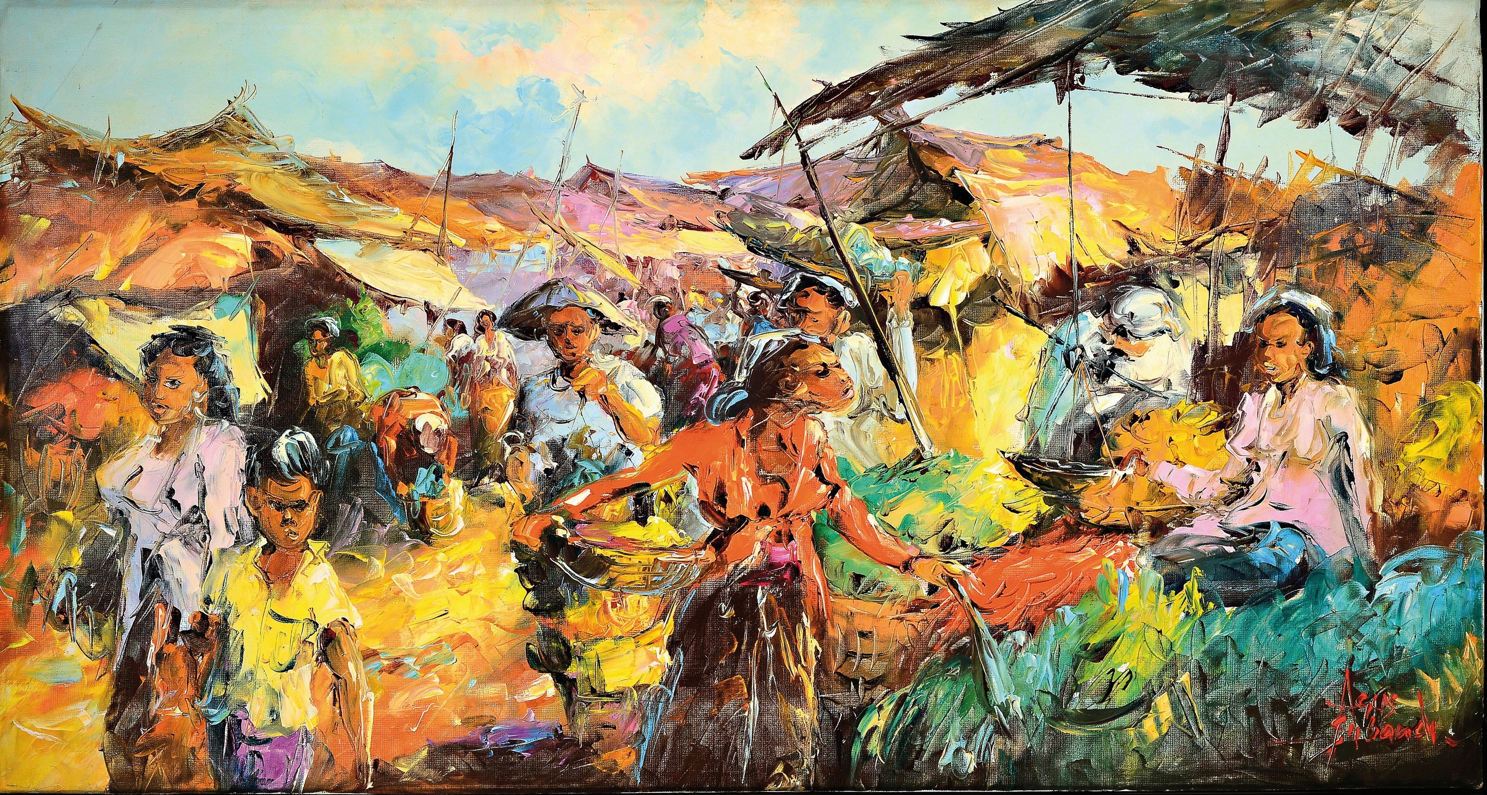 Artwork by Agus Subandi, lively multi- figured market scene, Made of oil/canvas