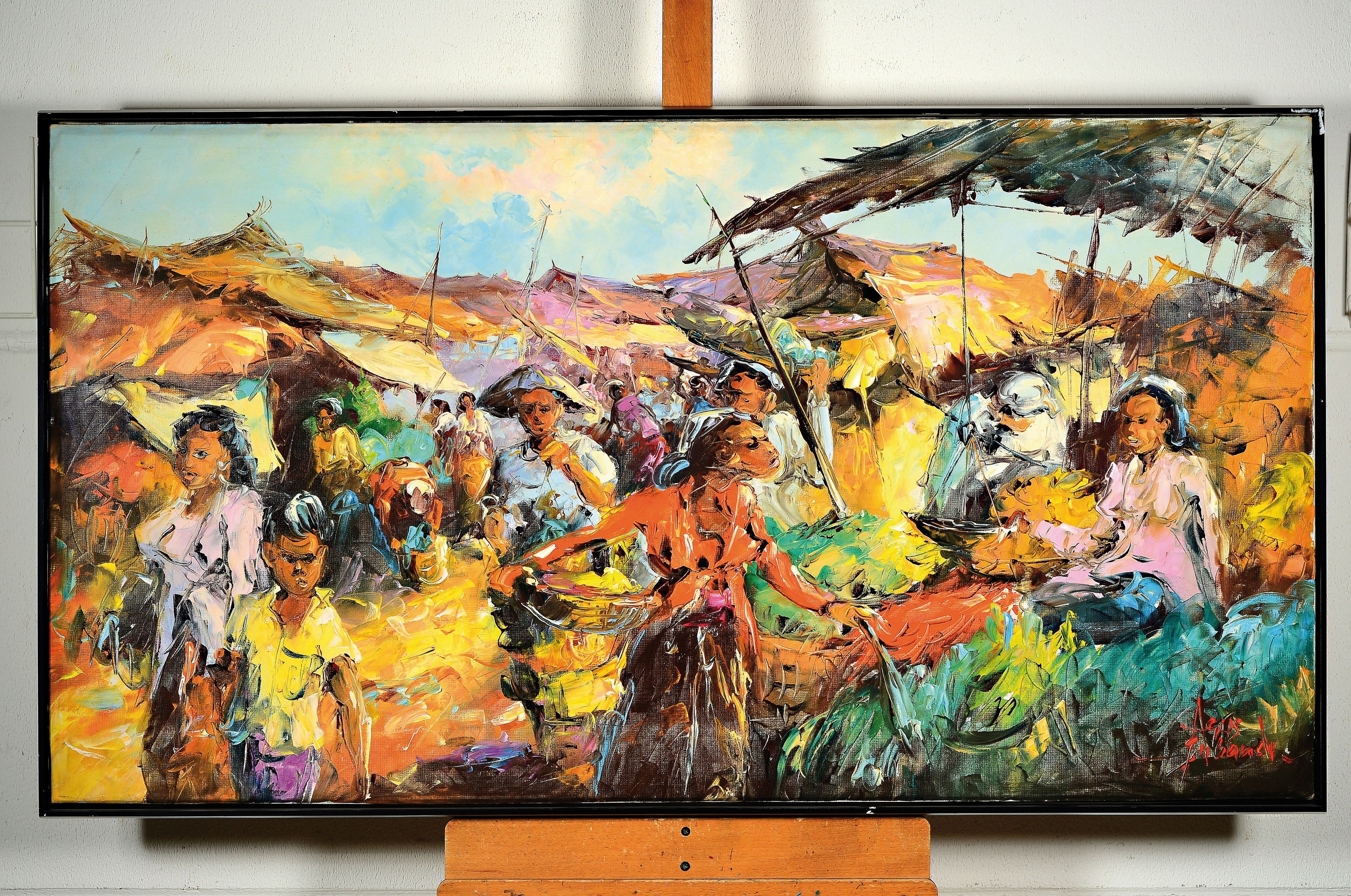 Artwork by Agus Subandi, lively multi- figured market scene, Made of oil/canvas