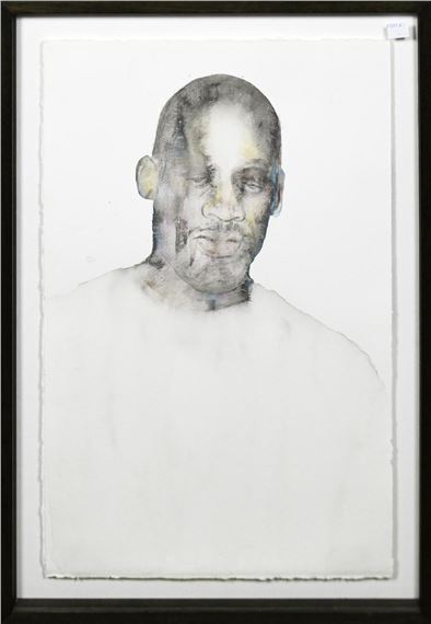 A monochromatic watercolor portrait of a bald figure with closed eyes, rendered in soft, muted tones.