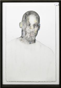 A monochromatic watercolor portrait of a bald figure with closed eyes, rendered in soft, muted tones.