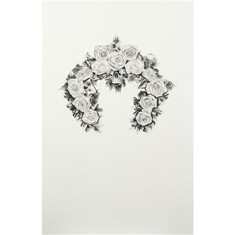 A monochromatic floral crown featuring a central skull.