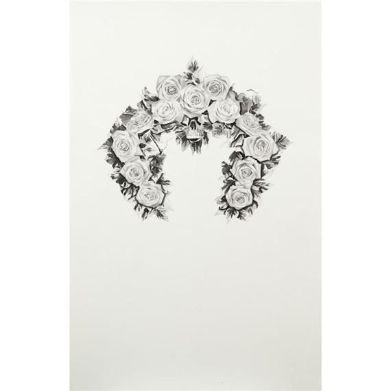 A monochromatic floral crown featuring a central skull.