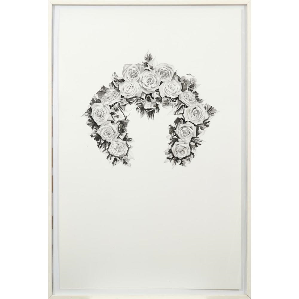 A monochromatic floral crown featuring a central skull.