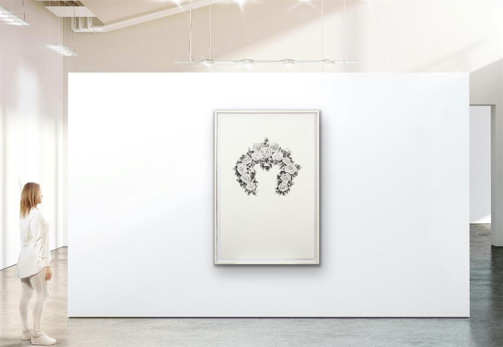 A monochromatic floral crown featuring a central skull.