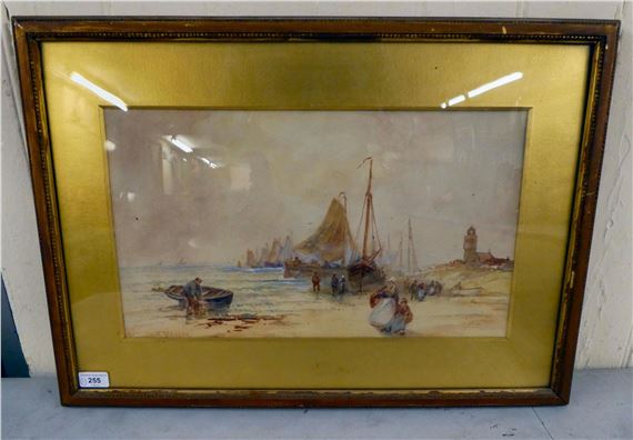 F Rousse - a fishing village shoreline watercolour bears a signature 11" x 18" framed by F. Rousse