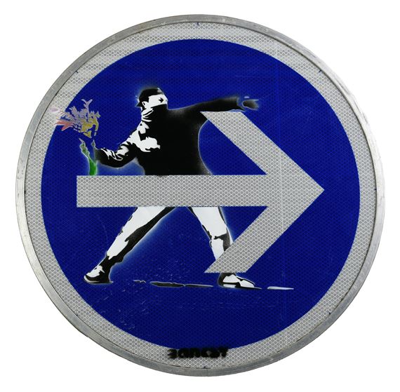 Da Banksy FLOWER THROWER stencil print su cartello stradale