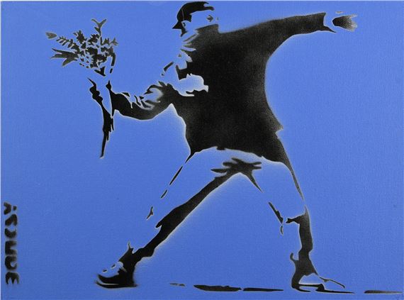 Banksy FLOWER THROWER spray stencil graffiti su cartone telato