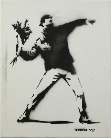Banksy FLOWER THROWER spray stencil su tela