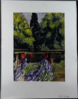 Eve (British 1894 -1991). Gouache on paper depicting a garden scene. Image measures approx 31cm x 41.5cm. Signed on mount lower right - Eve Disher