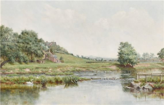 'Eden Bridge, Carlisle', a view of female figures by a river - Tom Sheffield
