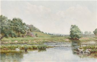 'Eden Bridge, Carlisle', a view of female figures by a river - Tom Sheffield