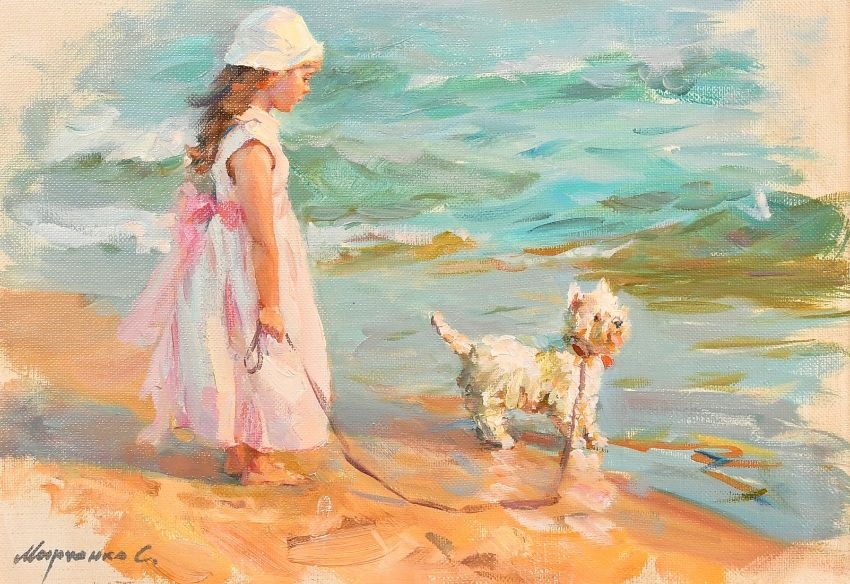 Sergei Marchenko | A young girl and her dog on a beach | MutualArt