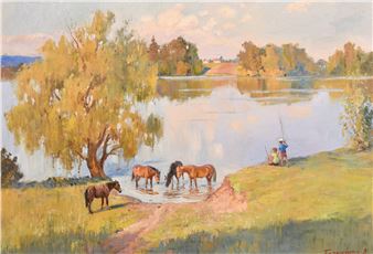 Children fishing by horses on the banks of a broad river - Vitaly Baranenko