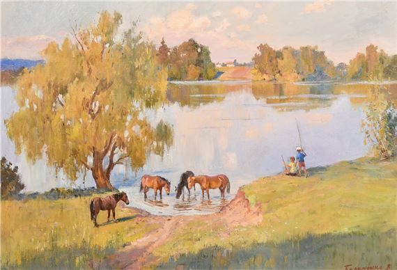 Children fishing by horses on the banks of a broad river by Vitaly Baranenko