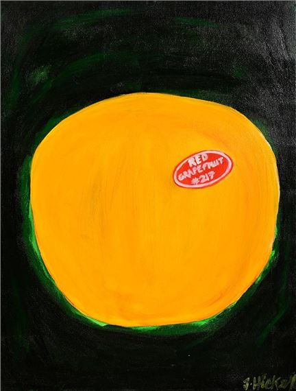 A bold, minimalist painting of a large yellow circle with a red label against a dark background.