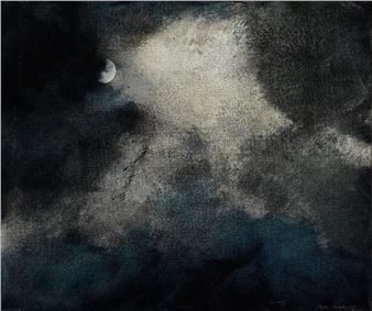 A dark, atmospheric landscape featuring a crescent moon and a textured, illuminated hillside.