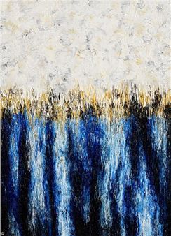 An abstract composition featuring a textured white upper section and a deep blue lower section with vertical brushstrokes.