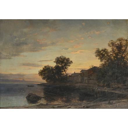 Village au bord du la by Eugène Etienne Sordet