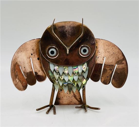 Copper and Abalone Owl Sculpture by Los Castillo