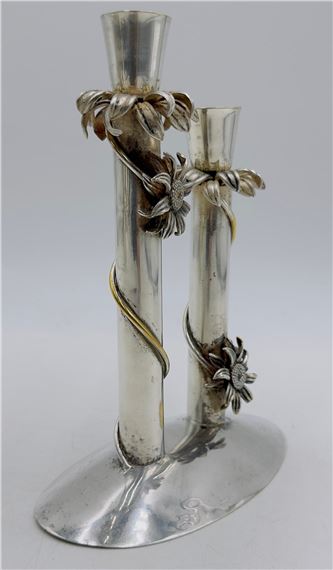 Los Castillo Sunflower Silver Candle Holders, Mexico Mid 20th Century, Signed