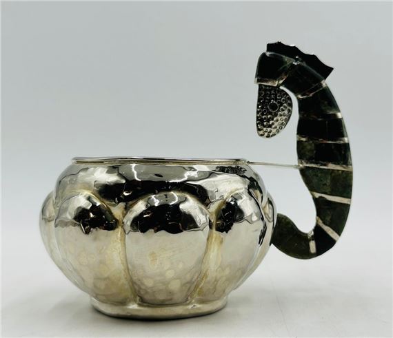 Vintage Silver Bowl With a Hardstone and Silver Inlay Seahorse Handle, After Los Castillo