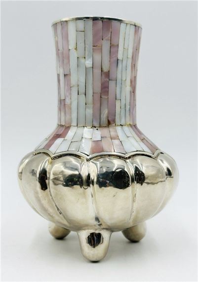 Los Castillo Silver & Mother of Pearl Footed Vase. Mexico 1960s