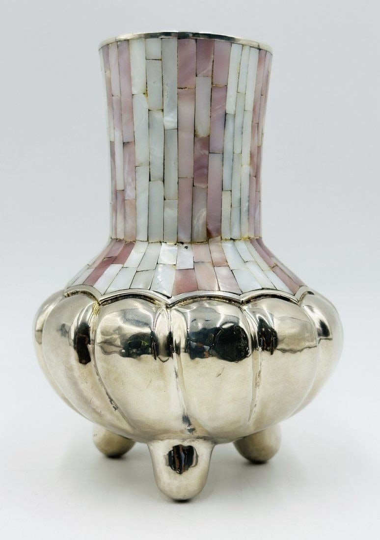 Artwork by Los Castillo, Los Castillo Silver & Mother of Pearl Footed Vase. Mexico 1960s, Made of Vintage Silver