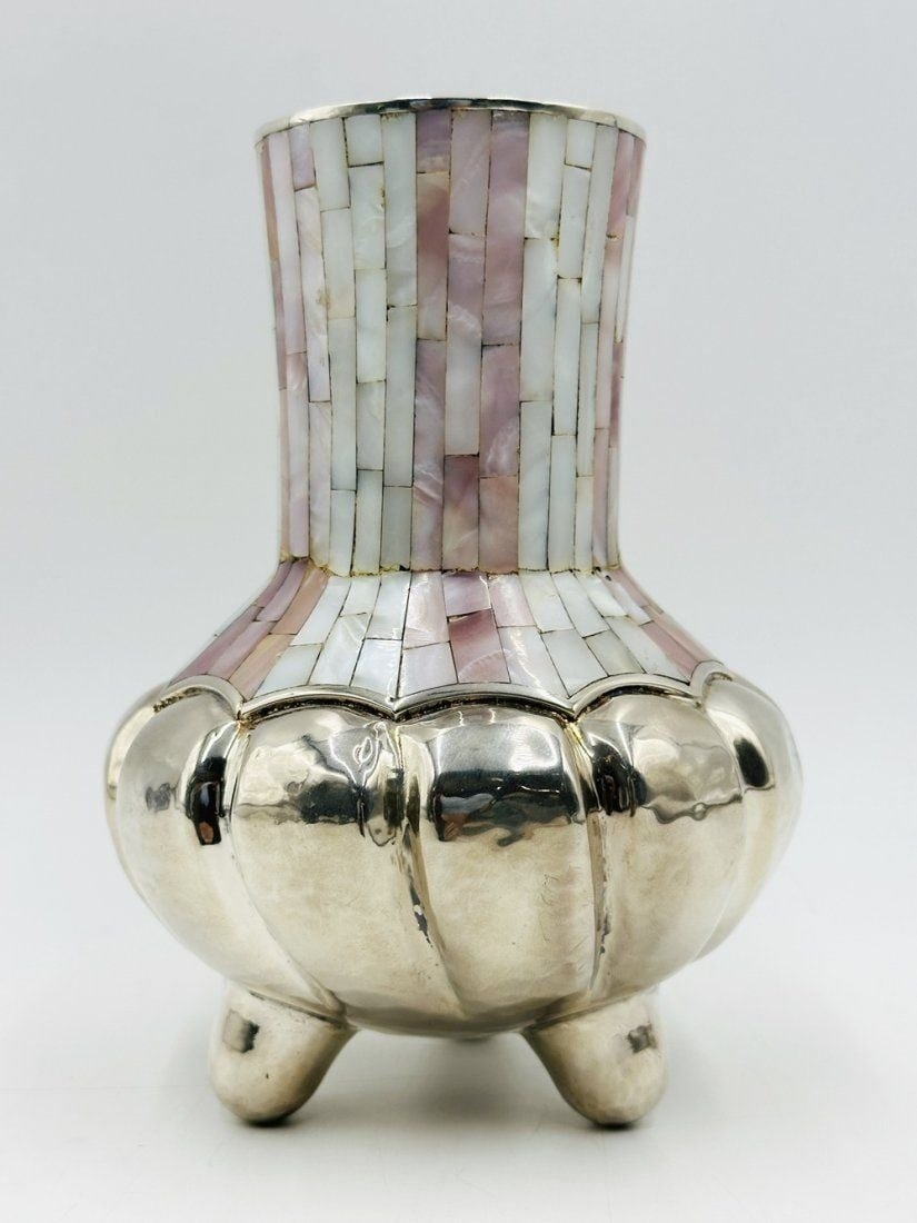 Artwork by Los Castillo, Los Castillo Silver & Mother of Pearl Footed Vase. Mexico 1960s, Made of Vintage Silver