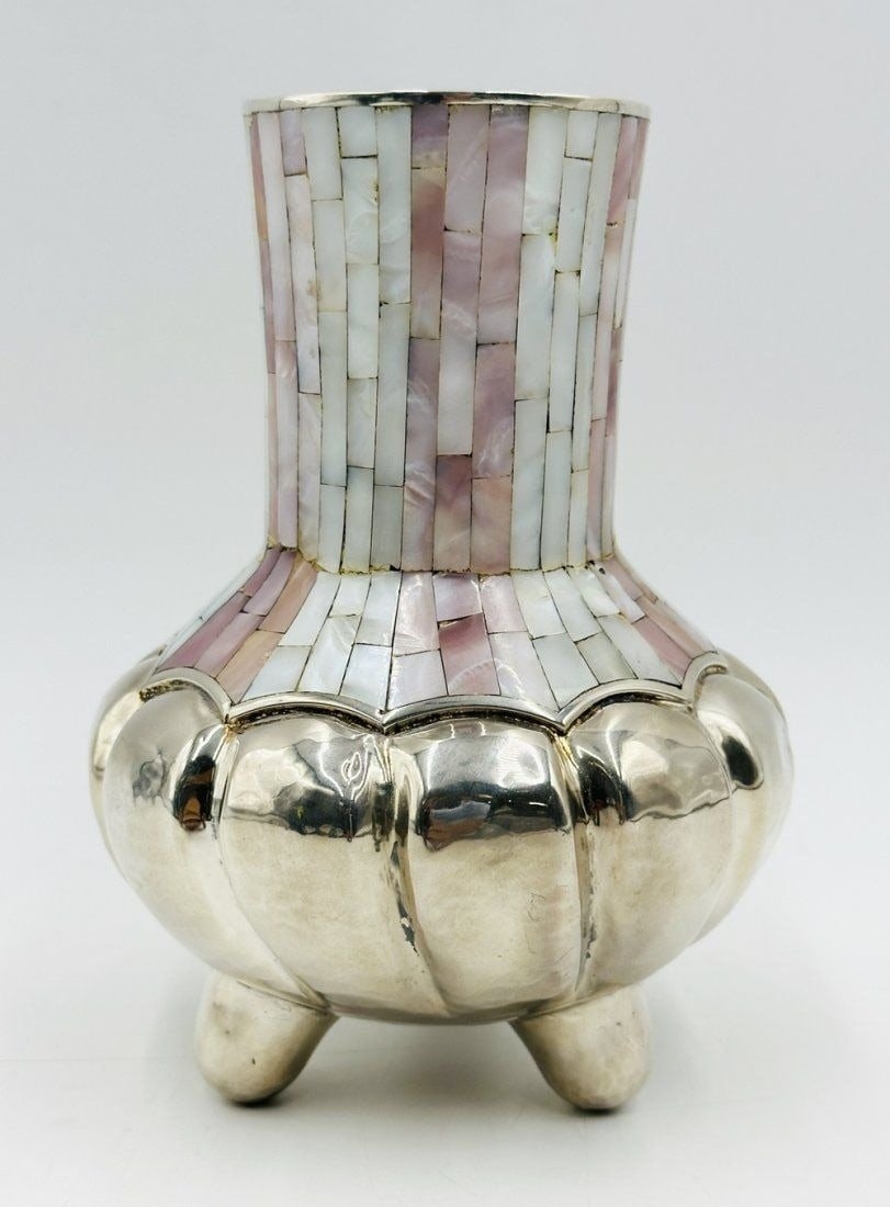 Artwork by Los Castillo, Los Castillo Silver & Mother of Pearl Footed Vase. Mexico 1960s, Made of Vintage Silver