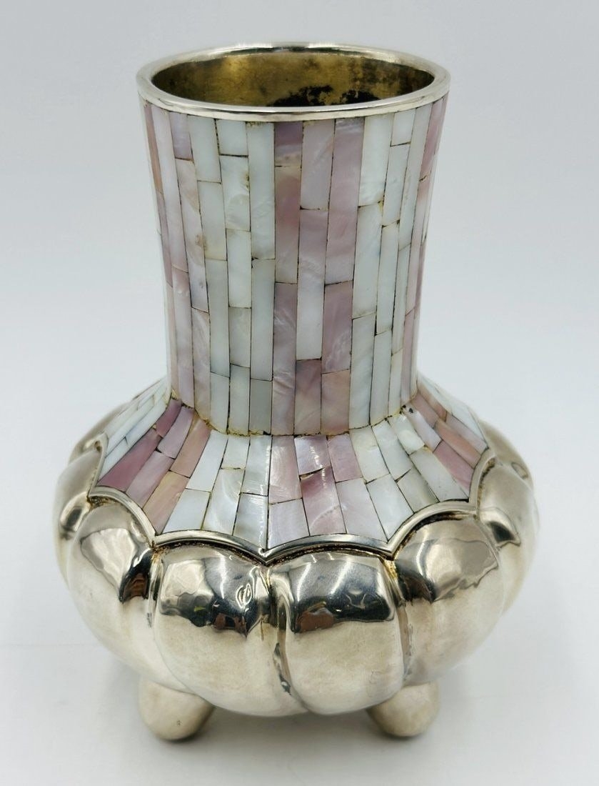 Artwork by Los Castillo, Los Castillo Silver & Mother of Pearl Footed Vase. Mexico 1960s, Made of Vintage Silver