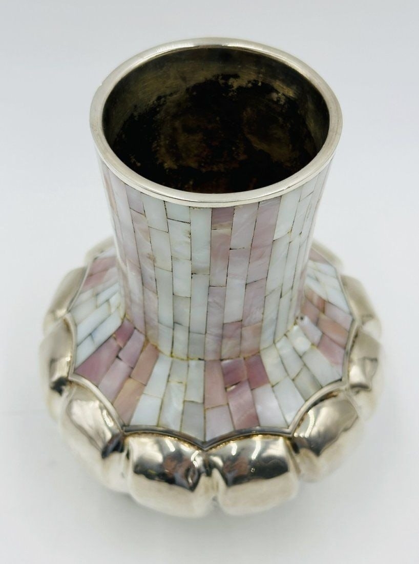 Artwork by Los Castillo, Los Castillo Silver & Mother of Pearl Footed Vase. Mexico 1960s, Made of Vintage Silver