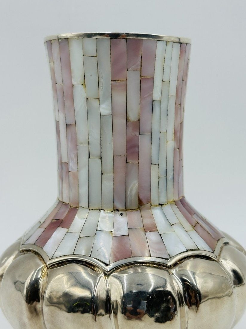 Artwork by Los Castillo, Los Castillo Silver & Mother of Pearl Footed Vase. Mexico 1960s, Made of Vintage Silver