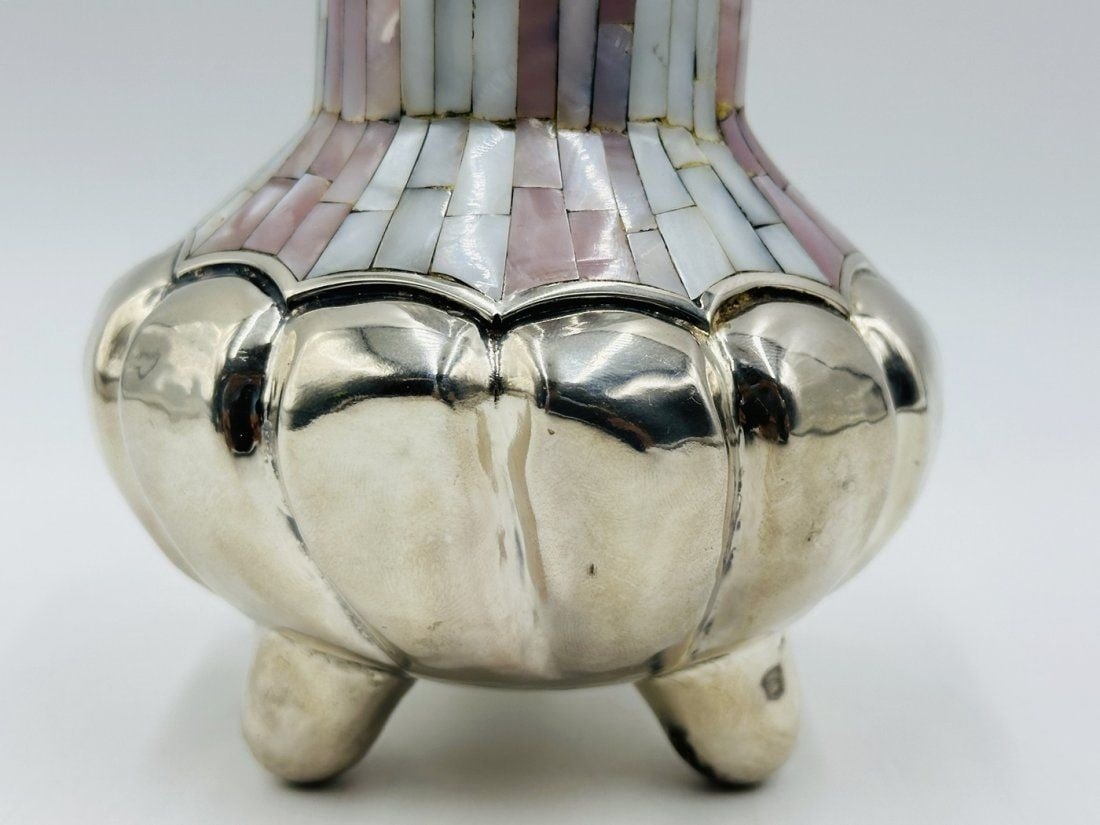 Artwork by Los Castillo, Los Castillo Silver & Mother of Pearl Footed Vase. Mexico 1960s, Made of Vintage Silver