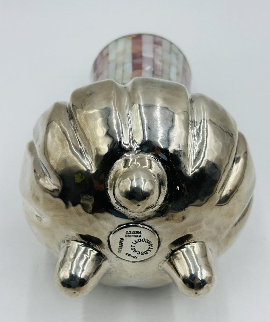 Artwork by Los Castillo, Los Castillo Silver & Mother of Pearl Footed Vase. Mexico 1960s, Made of Vintage Silver