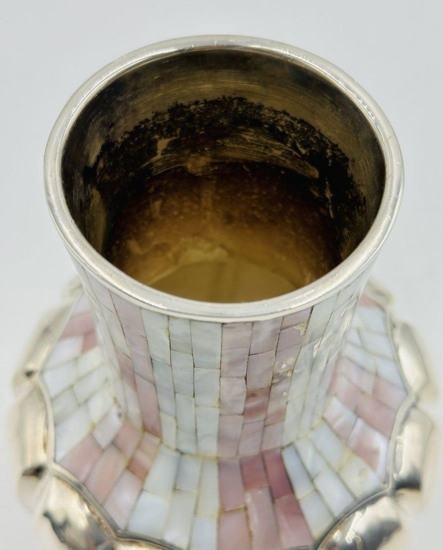 Artwork by Los Castillo, Los Castillo Silver & Mother of Pearl Footed Vase. Mexico 1960s, Made of Vintage Silver
