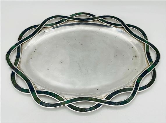 Large Silver and Stone Inlay Serving Tray by Los Castillo, Signed - Mexico 1970's by Los Castillo, circa 1970s