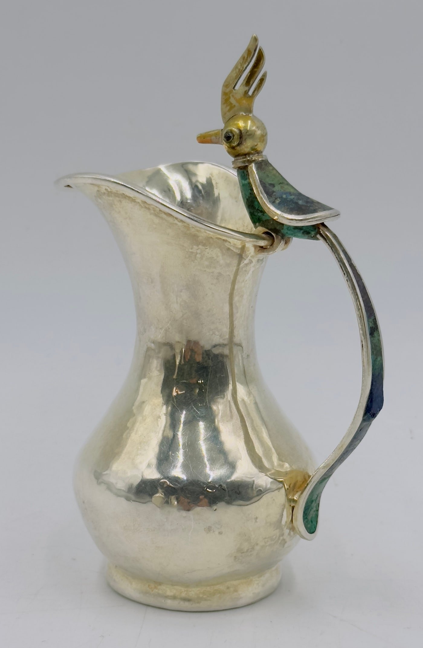 Artwork by Los Castillo, Bird of Paradise Silver Pitcher with Stone Inlay by Los Castillo, Mexico Mid 20th Century, Made of malachite stone