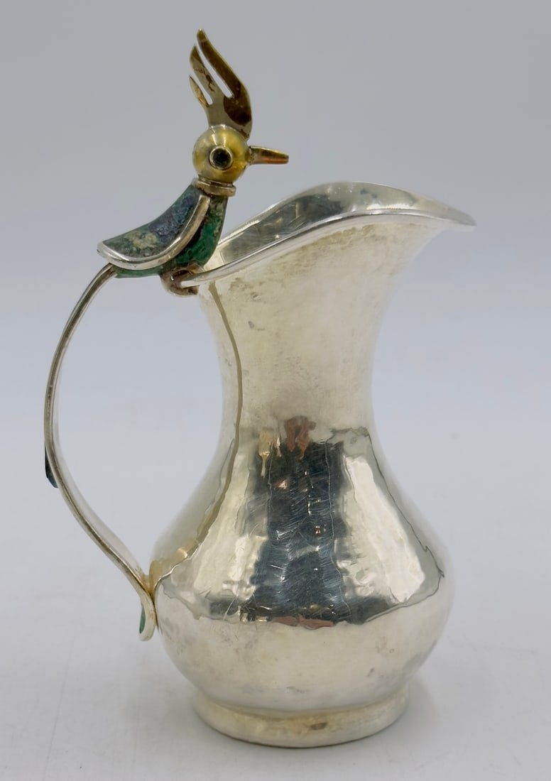 Artwork by Los Castillo, Bird of Paradise Silver Pitcher with Stone Inlay by Los Castillo, Mexico Mid 20th Century, Made of malachite stone