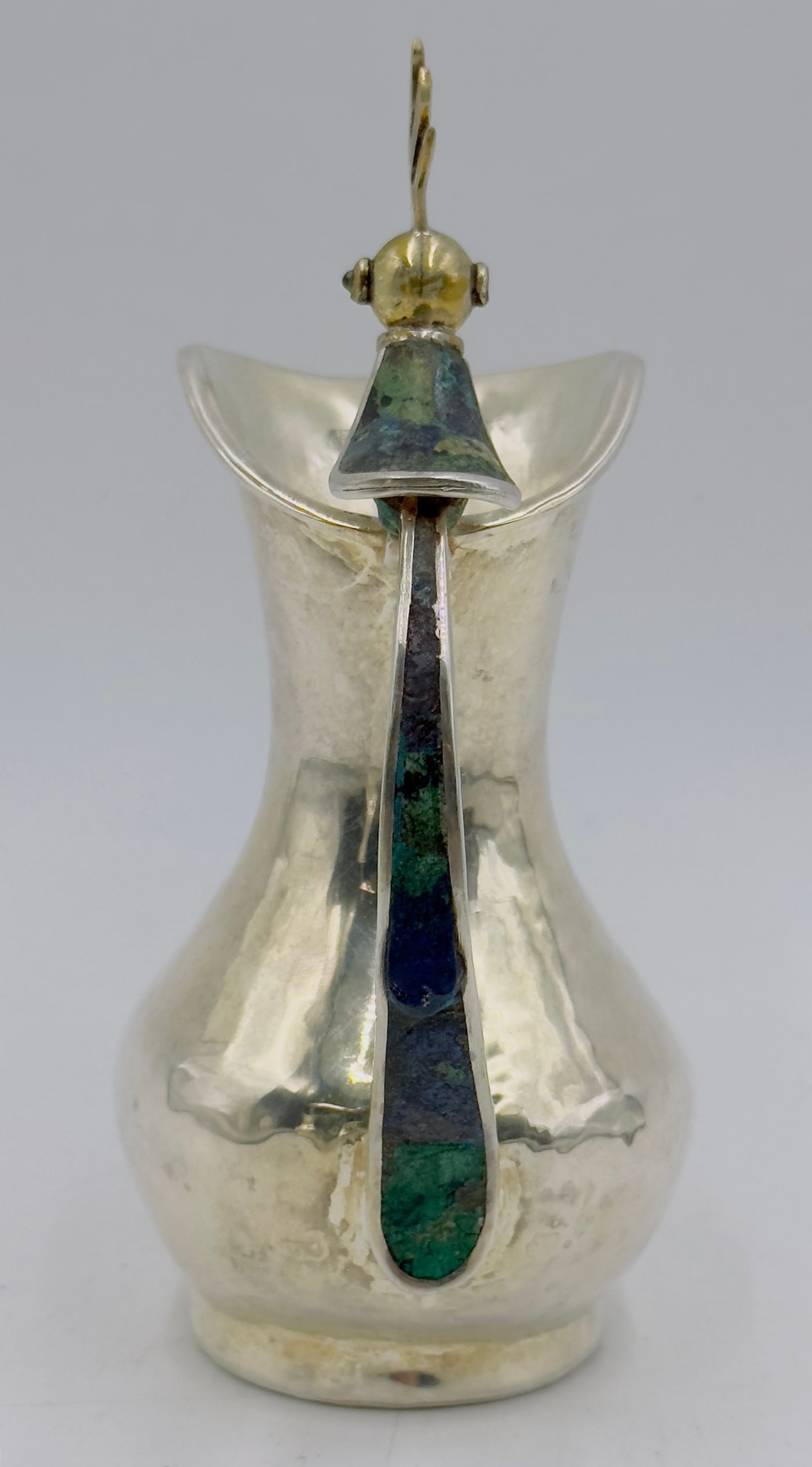 Artwork by Los Castillo, Bird of Paradise Silver Pitcher with Stone Inlay by Los Castillo, Mexico Mid 20th Century, Made of malachite stone