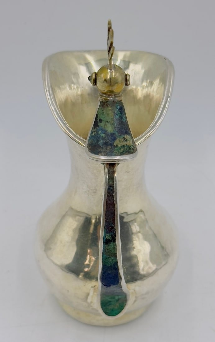 Artwork by Los Castillo, Bird of Paradise Silver Pitcher with Stone Inlay by Los Castillo, Mexico Mid 20th Century, Made of malachite stone