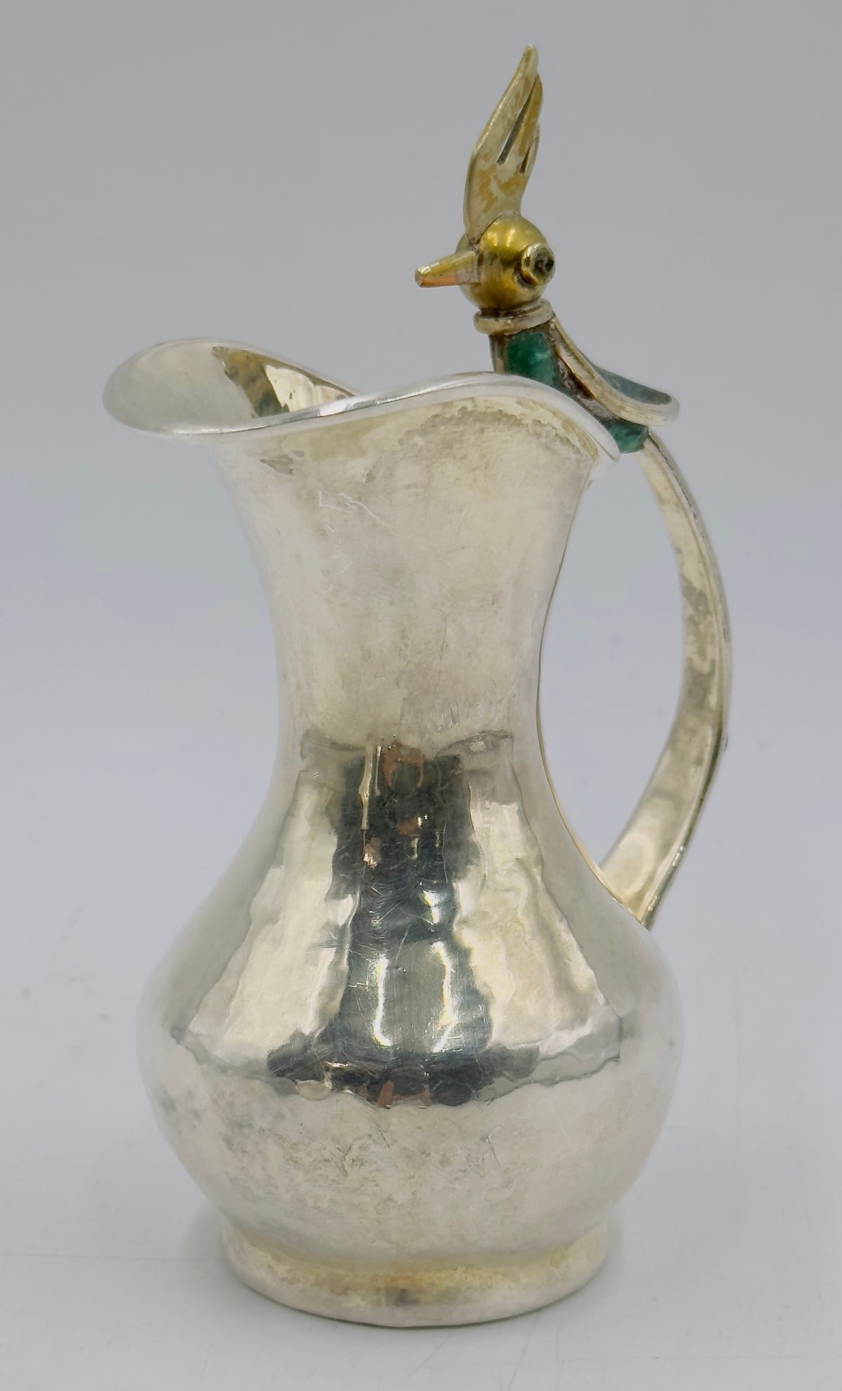 Artwork by Los Castillo, Bird of Paradise Silver Pitcher with Stone Inlay by Los Castillo, Mexico Mid 20th Century, Made of malachite stone
