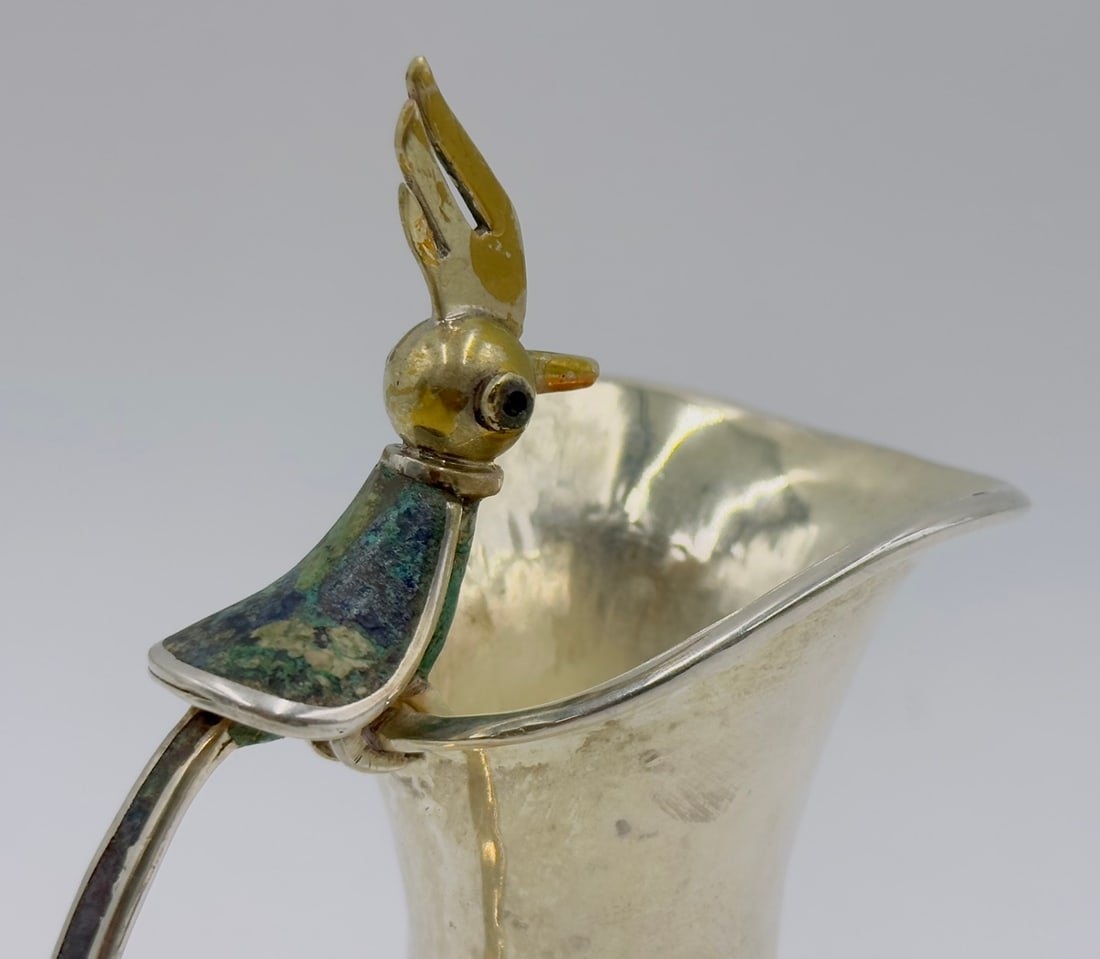 Artwork by Los Castillo, Bird of Paradise Silver Pitcher with Stone Inlay by Los Castillo, Mexico Mid 20th Century, Made of malachite stone