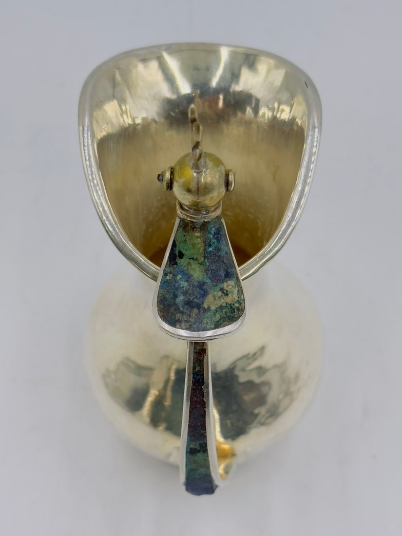 Artwork by Los Castillo, Bird of Paradise Silver Pitcher with Stone Inlay by Los Castillo, Mexico Mid 20th Century, Made of malachite stone